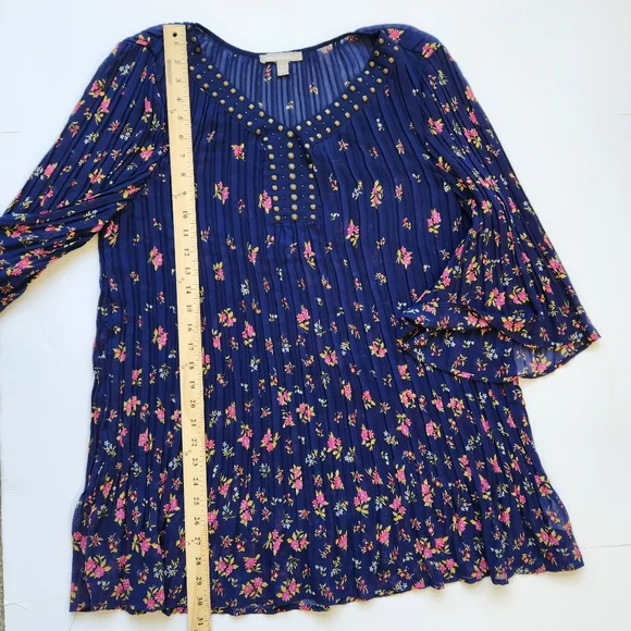 Woman Within Sheer Pleated Blouse Top Floral Print Navy Blue Pink Plus Large 18 - Picture 15 of 16